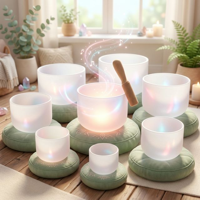 Bộ chuông ngọc thạch anh crystal singing bowls trắng mờ phát sáng trên đệm xanh sage - minh hoạ 3D