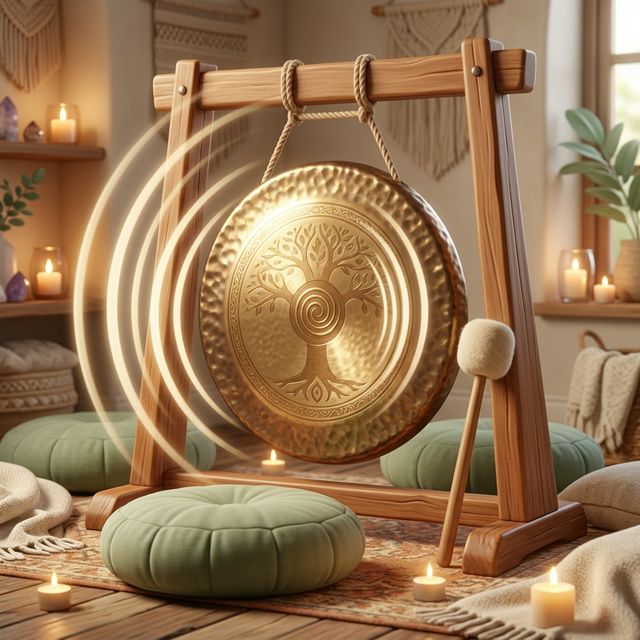 Gong chiêng trị liệu vàng với sóng âm thanh lan toả trong không gian healing - minh hoạ 3D