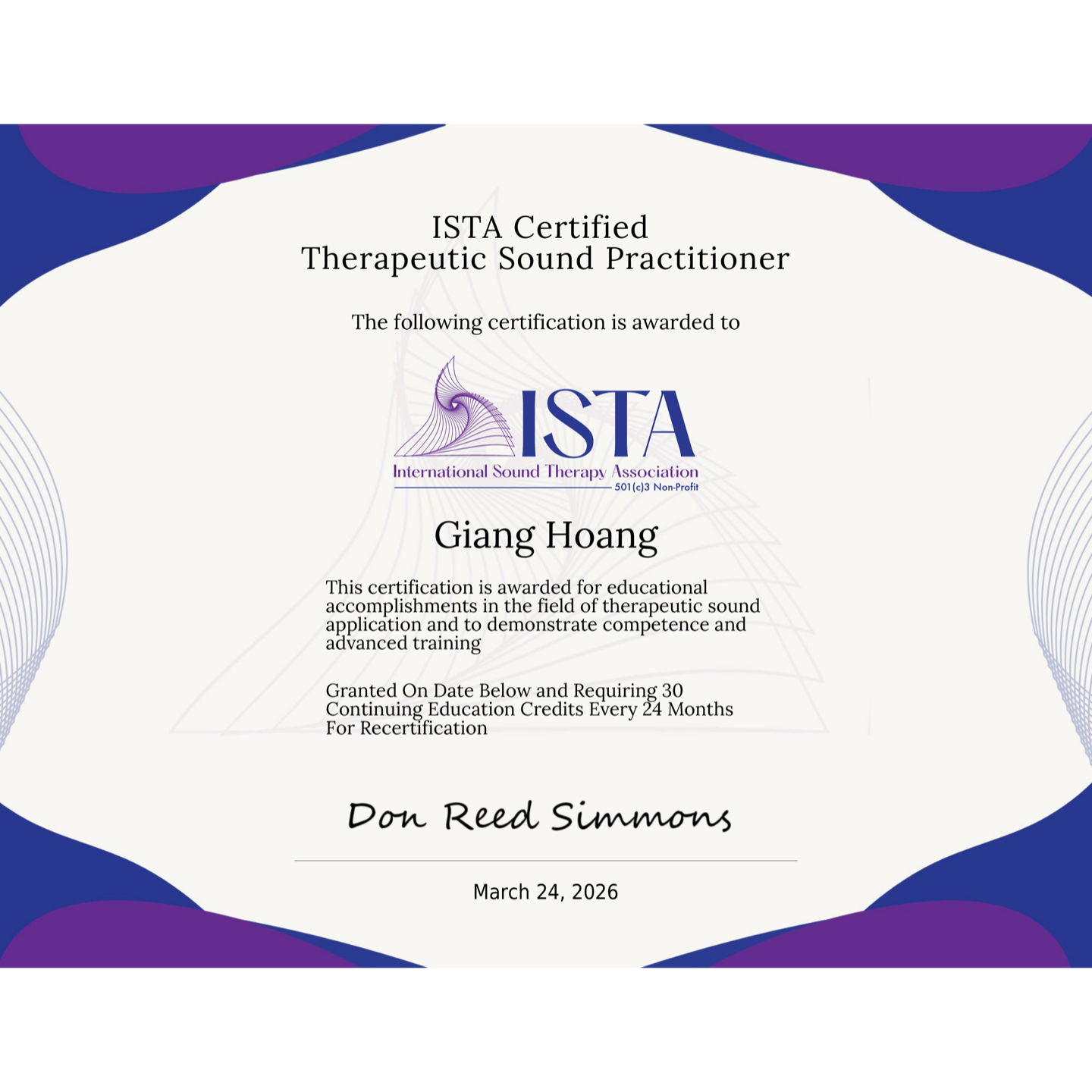 ISTA Certified Therapeutic Sound Practitioner – Giang Hoang