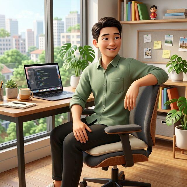 Chàng trai văn phòng thực hành yoga tư thế xoắn tại bàn làm việc - minh hoạ 3D