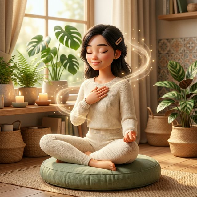 Cô gái trẻ ngồi thiền tập thở pranayama với năng lượng vàng - minh hoạ 3D
