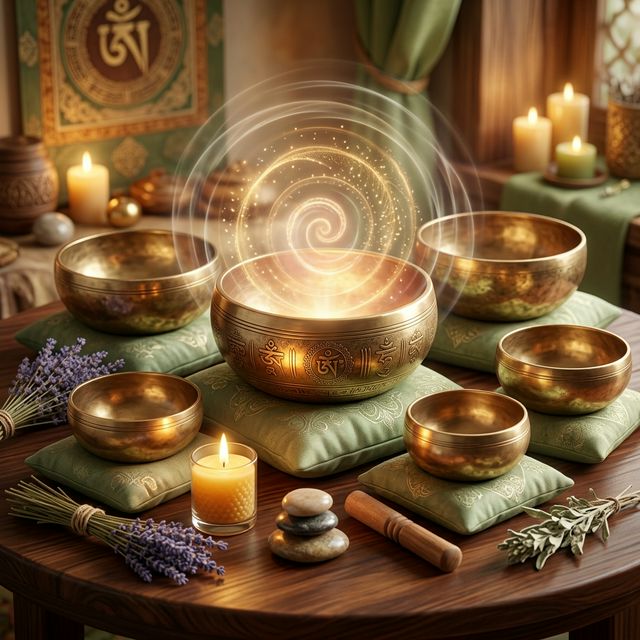 Chuông xoay Tây Tạng với sóng âm vàng, tĩnh vật dùng trong âm thanh trị liệu sound healing