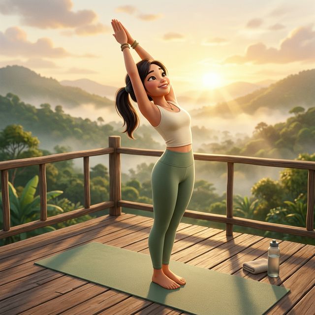 Cô gái trẻ tập Chào Mặt Trời Surya Namaskar trên sân gỗ lúc bình minh - minh hoạ 3D