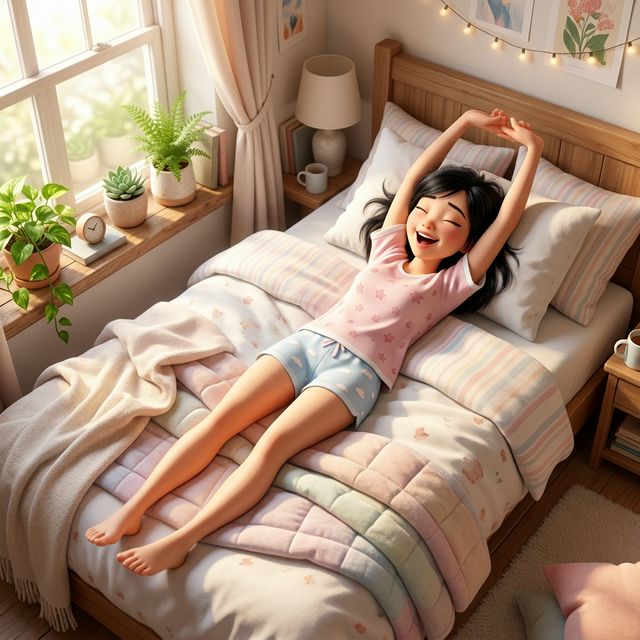 Vươn toàn thân trên giường buổi sáng minh hoạ 3D Pixar