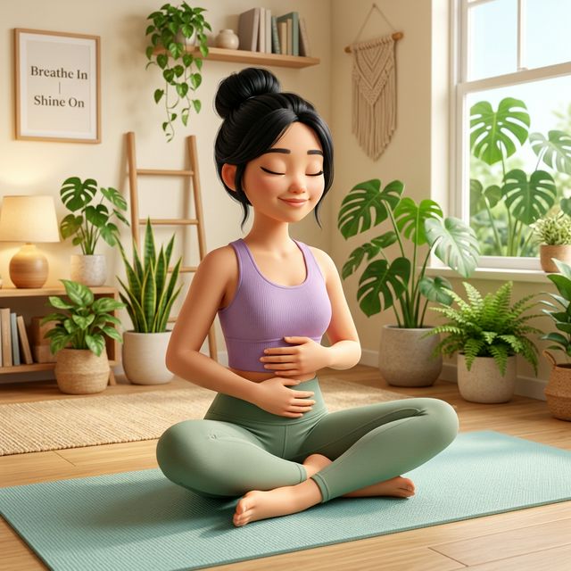 Tư thế thở bụng sâu belly breathing minh hoạ 3D Pixar