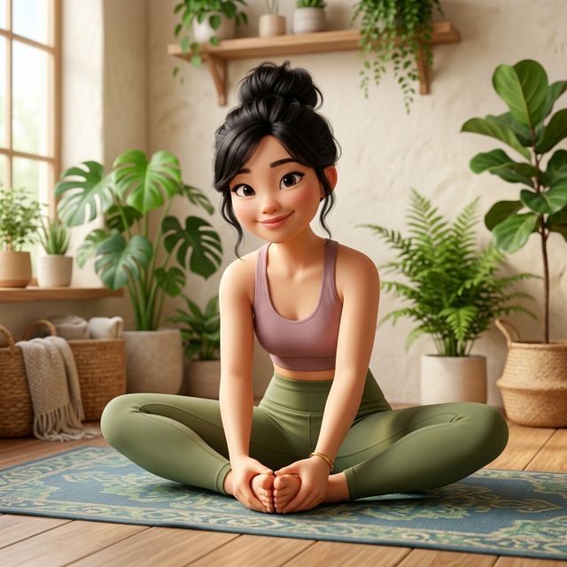 Tư thế Baddha Konasana bướm ngồi minh hoạ 3D Pixar