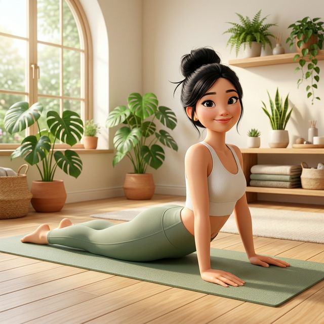 Tư thế Bhujangasana rắn hổ mang minh hoạ 3D Pixar