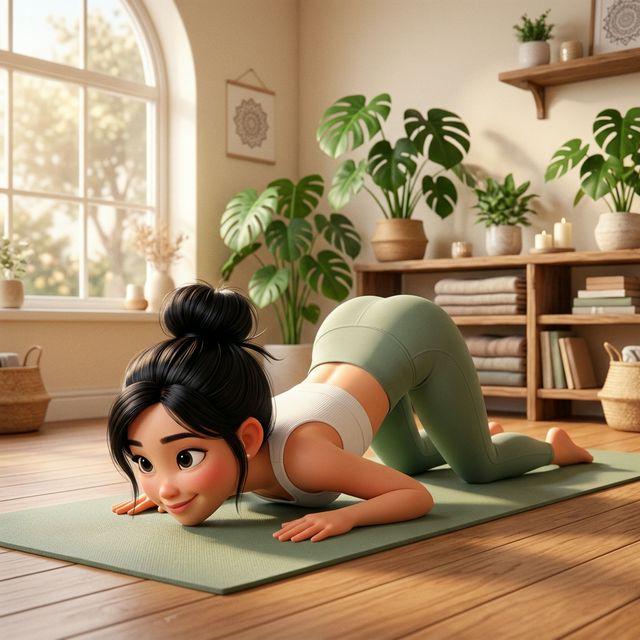 Tư thế Ashtanga Namaskara tám điểm chạm minh hoạ 3D Pixar