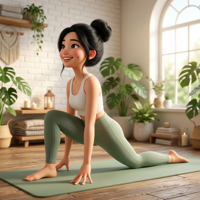 Tư thế Ashwa Sanchalanasana cưỡi ngựa minh hoạ 3D Pixar