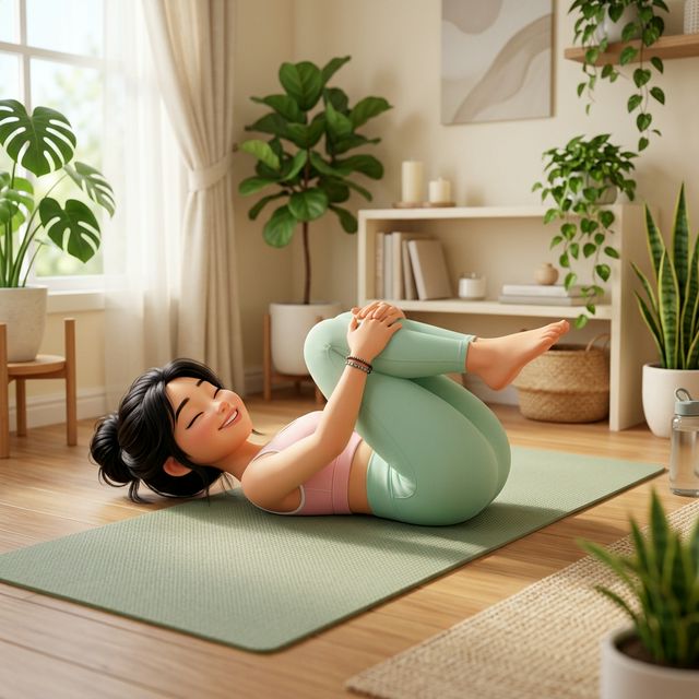 Tư thế Knee-to-Chest ôm gối vào ngực minh hoạ 3D Pixar