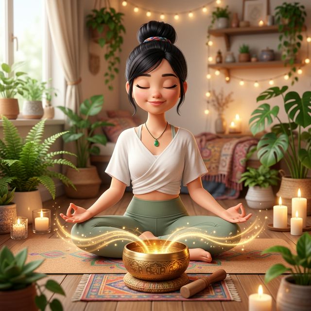 Ngồi thiền với chuông xoay Tây Tạng minh hoạ 3D Pixar