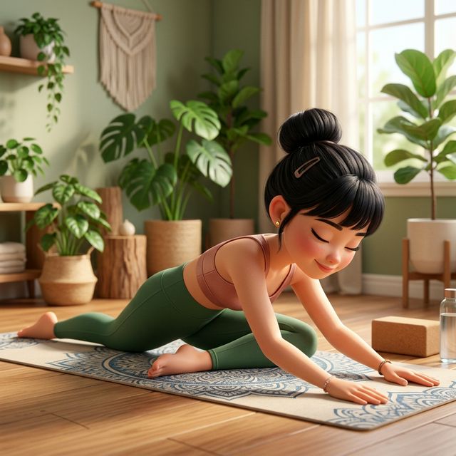 Tư thế Pigeon Pose bồ câu mở hông minh hoạ 3D Pixar