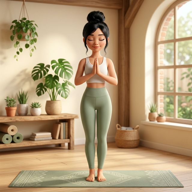 Tư thế Pranamasana cầu nguyện minh hoạ 3D Pixar