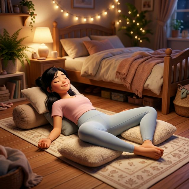 Tư thế Supta Baddha Konasana bướm nằm minh hoạ 3D Pixar