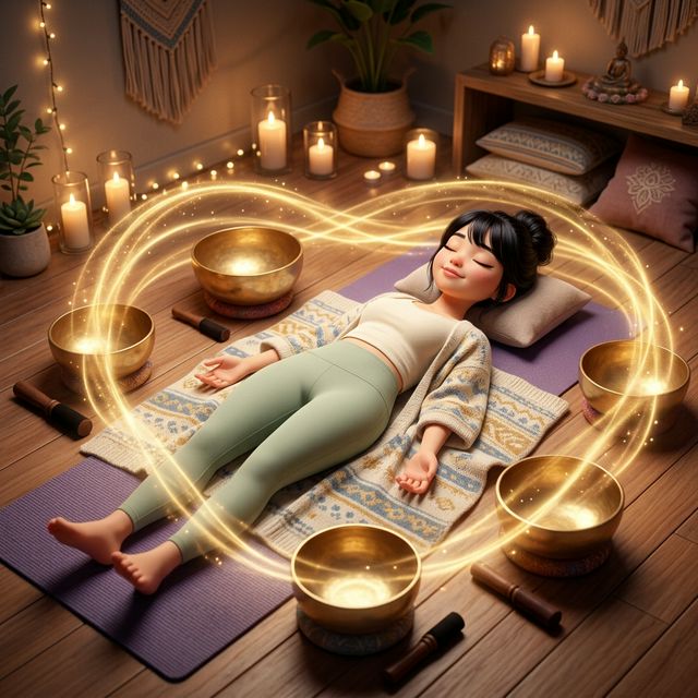 Savasana kết hợp tắm âm thanh sound bath minh hoạ 3D Pixar