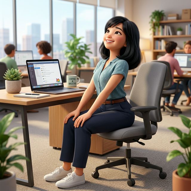 Seated Cat-Cow tại văn phòng minh hoạ 3D Pixar