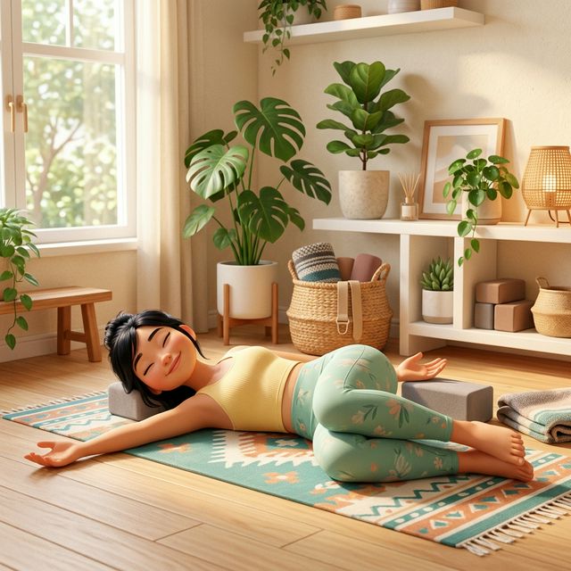 Tư thế Supine Twist xoắn nằm minh hoạ 3D Pixar