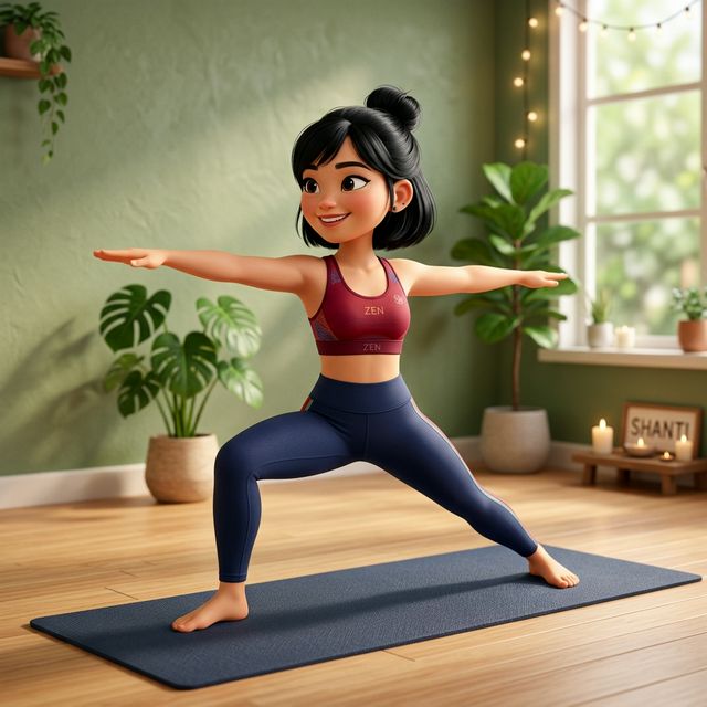 Tư thế Warrior II minh hoạ 3D Pixar